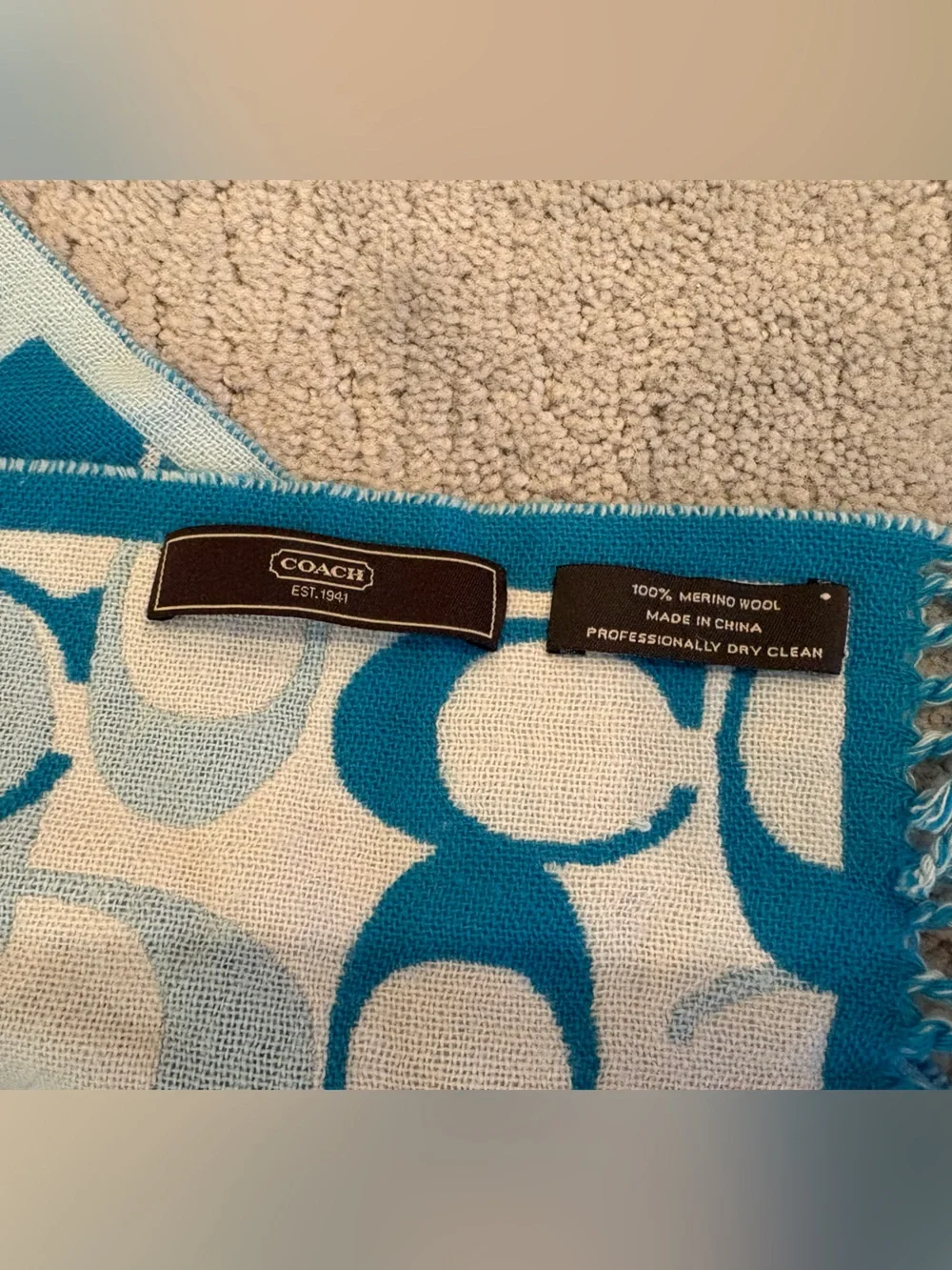 Blue Coach Signature patterned reversible scarf fringe 100% Merino Wool